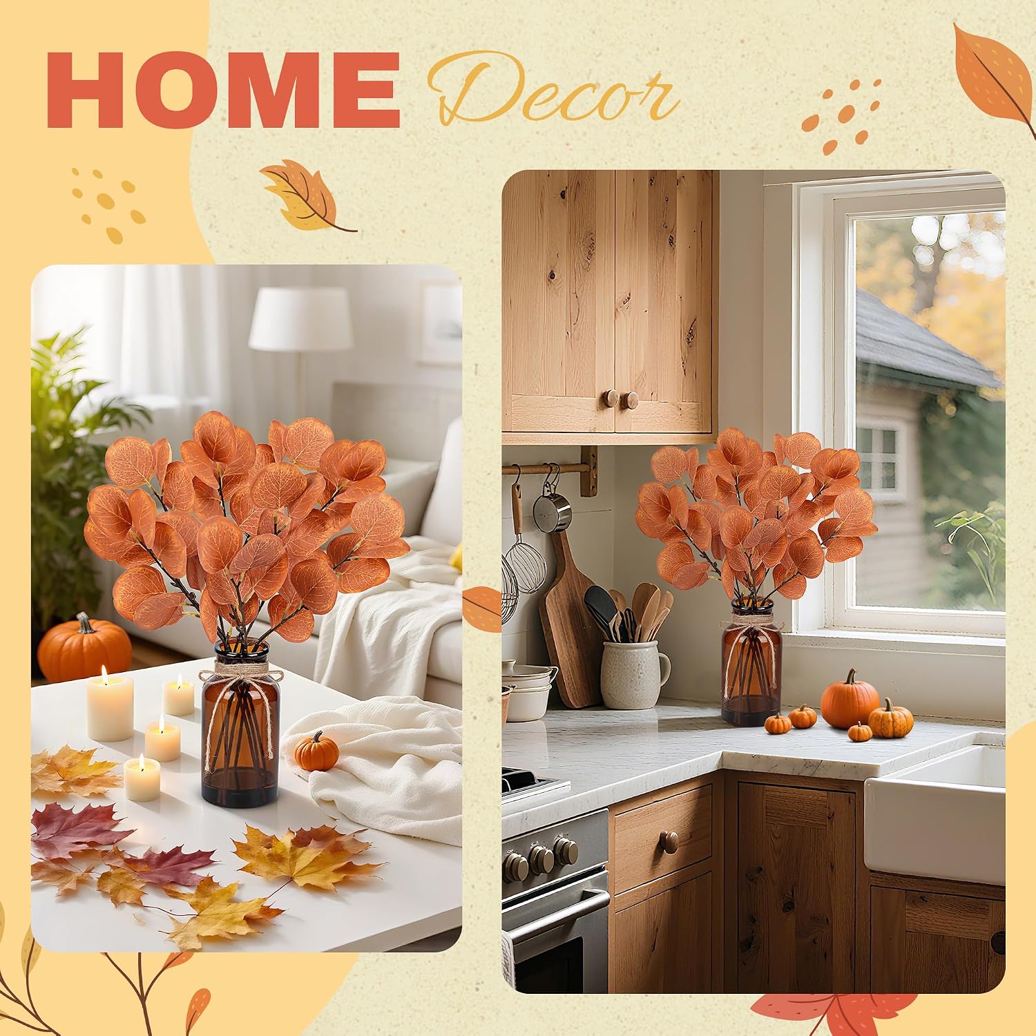13.5" Fake Plants for Fall Bathroom Decor Autumn Artificial Eucalyptus Stems in Glass Vase / Amber