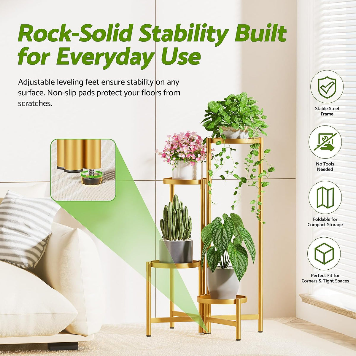 Gold Stand Plants, 5 Tiered Plant Stand Indoor for Multiple Large Planter, Tall Heavy Duty Adjustable Folding Rack with