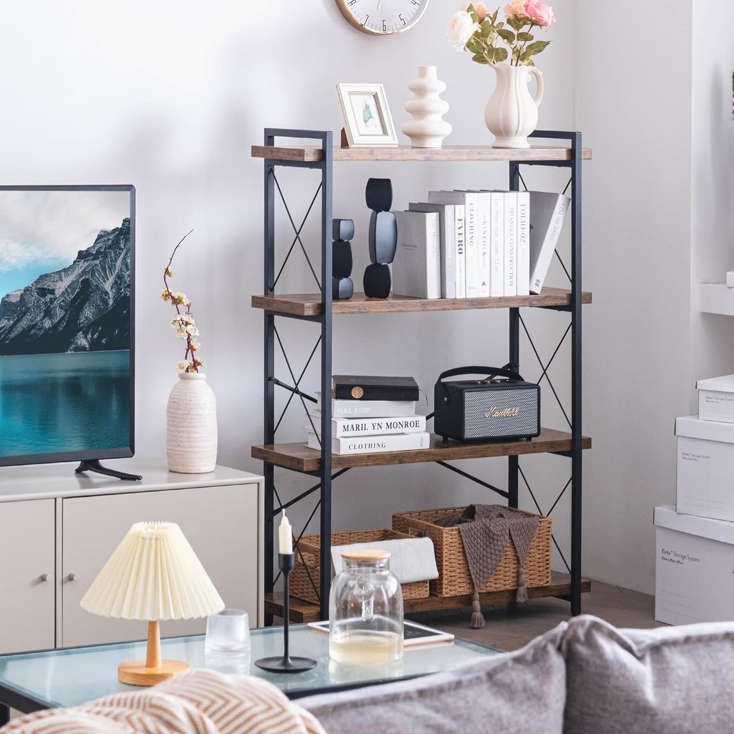 Metal Frame / Rustic Open Book Shelf / 4-tier / Rustic Brown