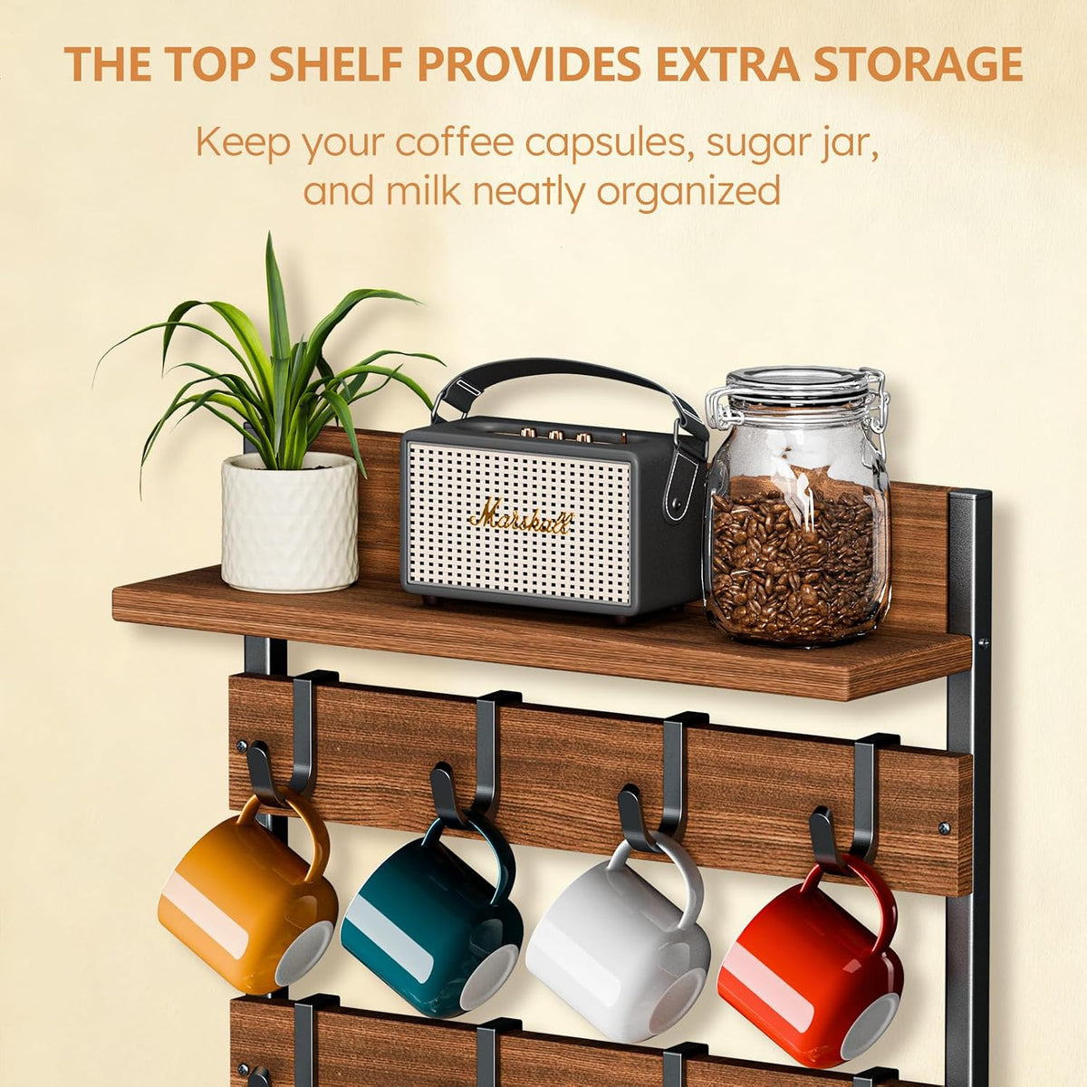 2-in-1 Coffee Cup Holder Wall Mounted with 16 Adjustable Hooks | 4-Tier Coffee Mug Holder Wall Mount with Display