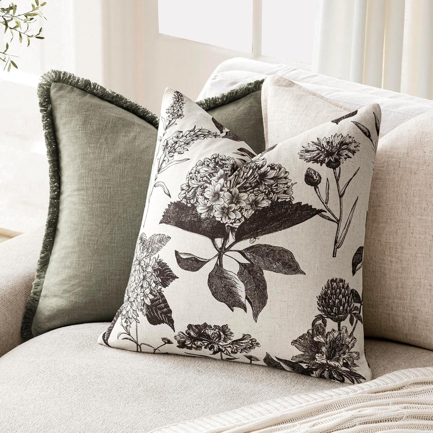 Linen Floral Vintage Throw Pillow Covers Neutral Accent Print / 18 x 18 / Black / Set of 2