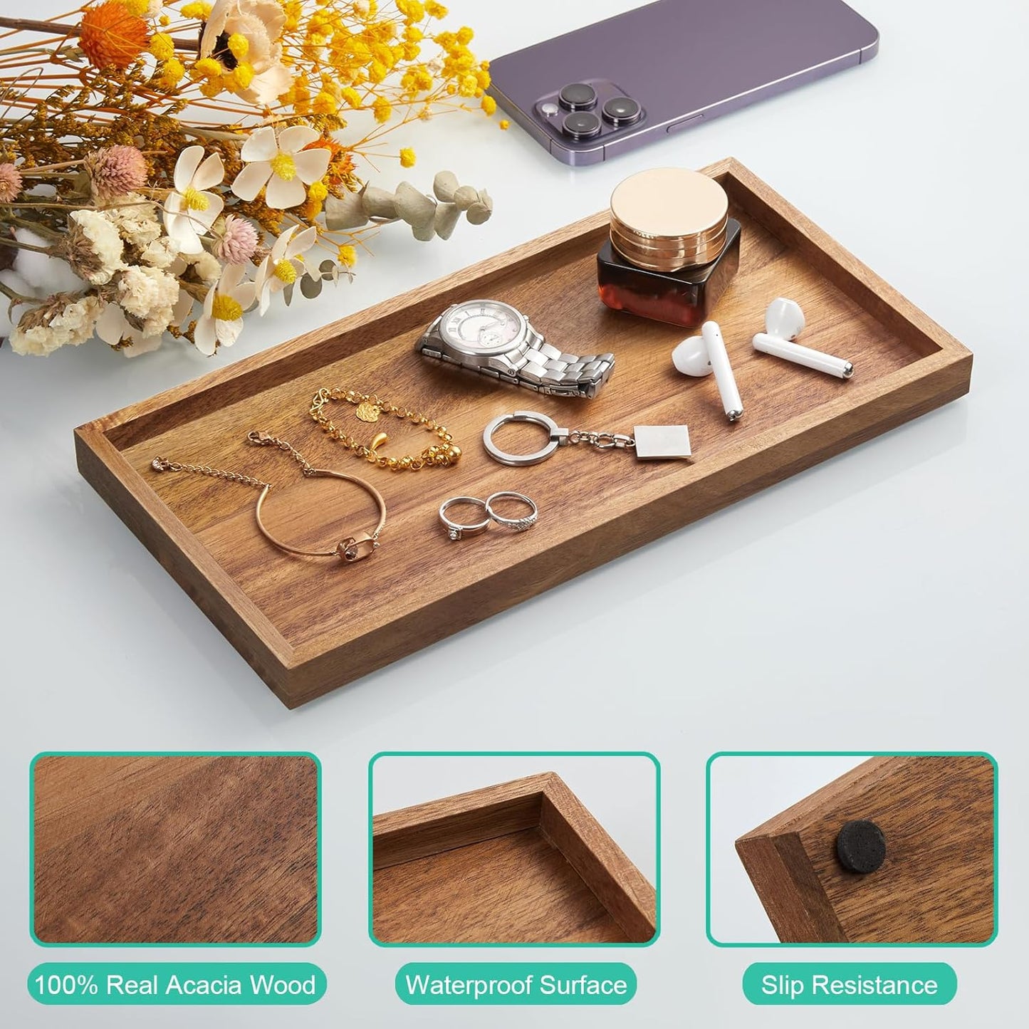 Wood Decorative Tray for Toilet Tank Makeup Perfume Jewelry / 6 x 0.8 x 11.7 / Acacia