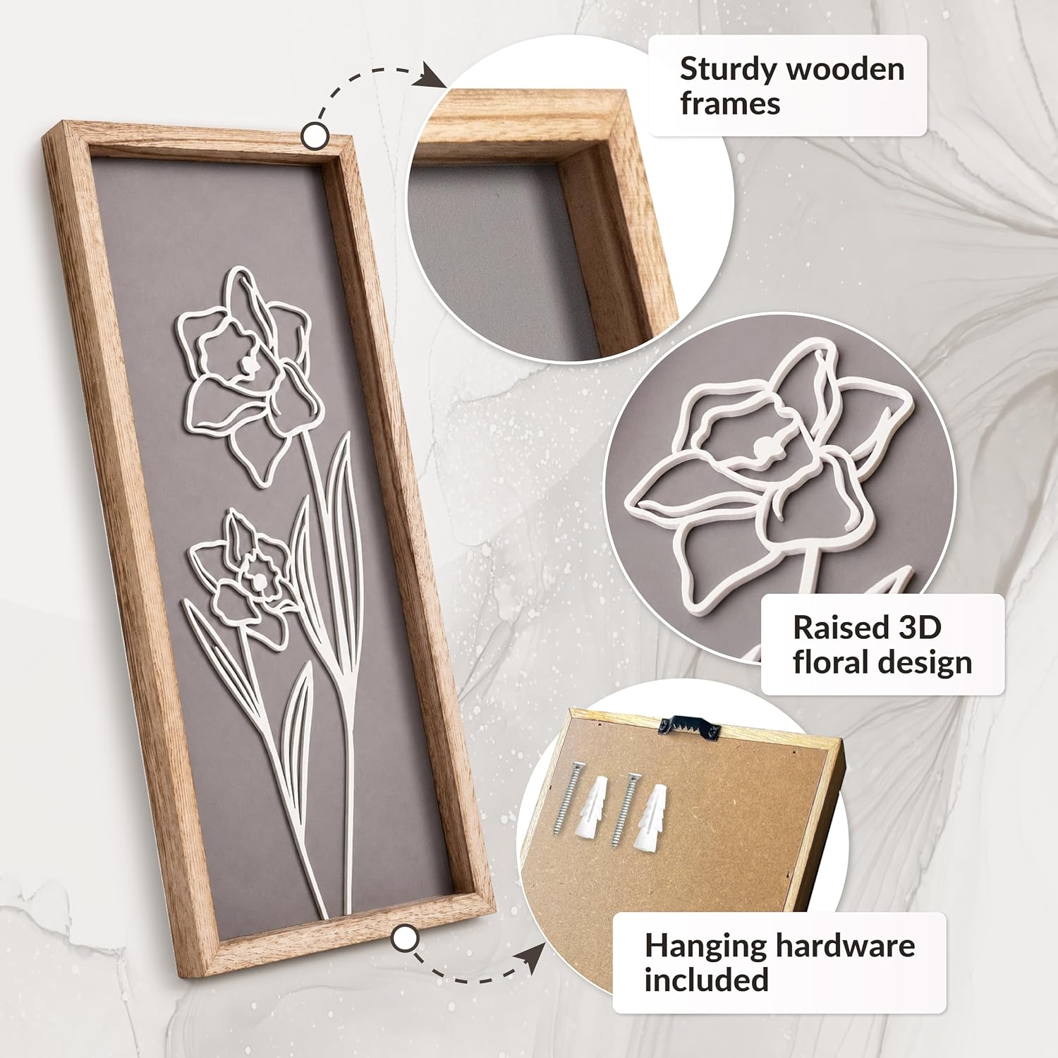 3D Wooden Floral Bathroom Wall Decor Lightweight / 7 x 16 / Naturals / Set of 4