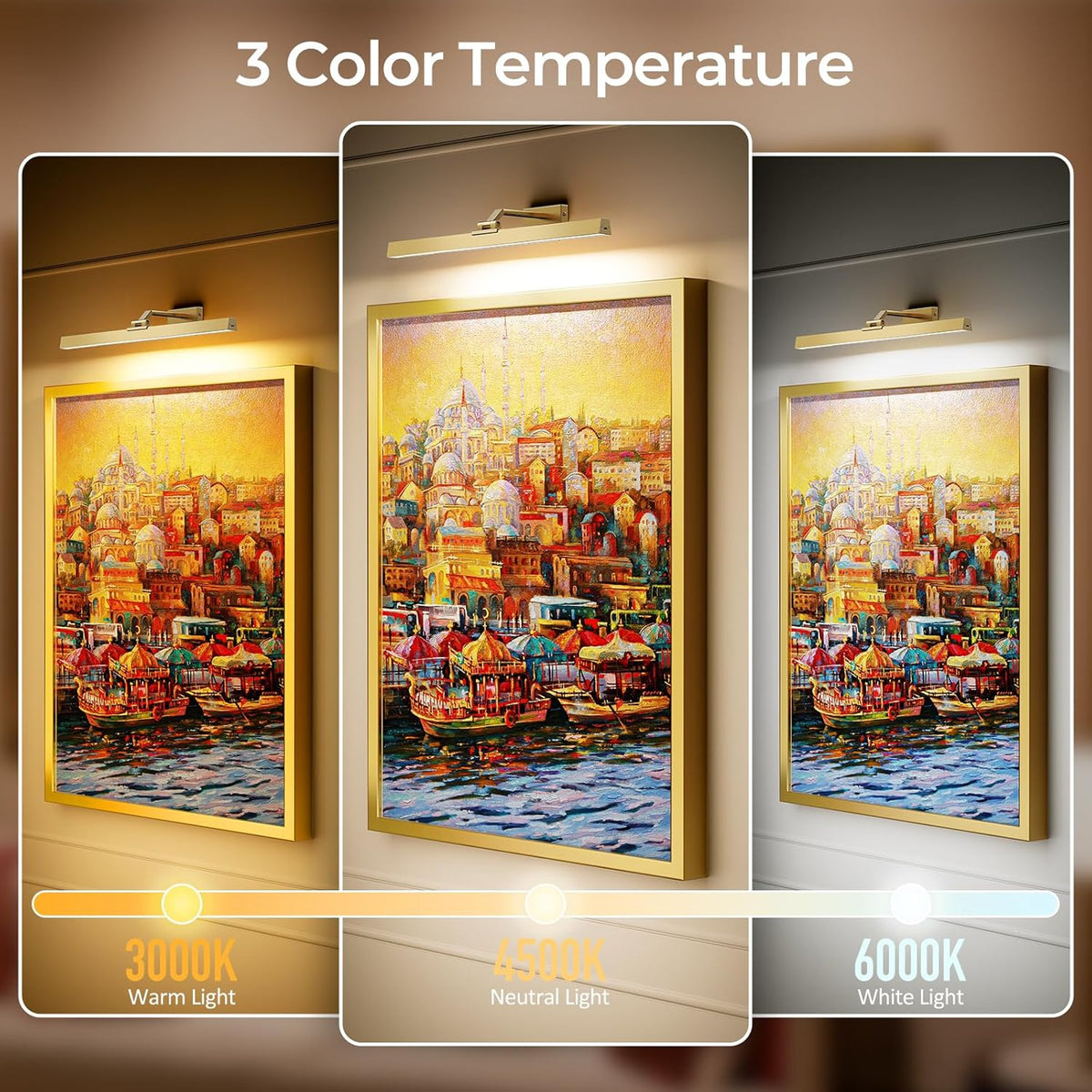 Picture Lights for Wall, Brushed Gold Battery Operated Picture Light 24in Art Light CCT Dimmable Recharging Battery