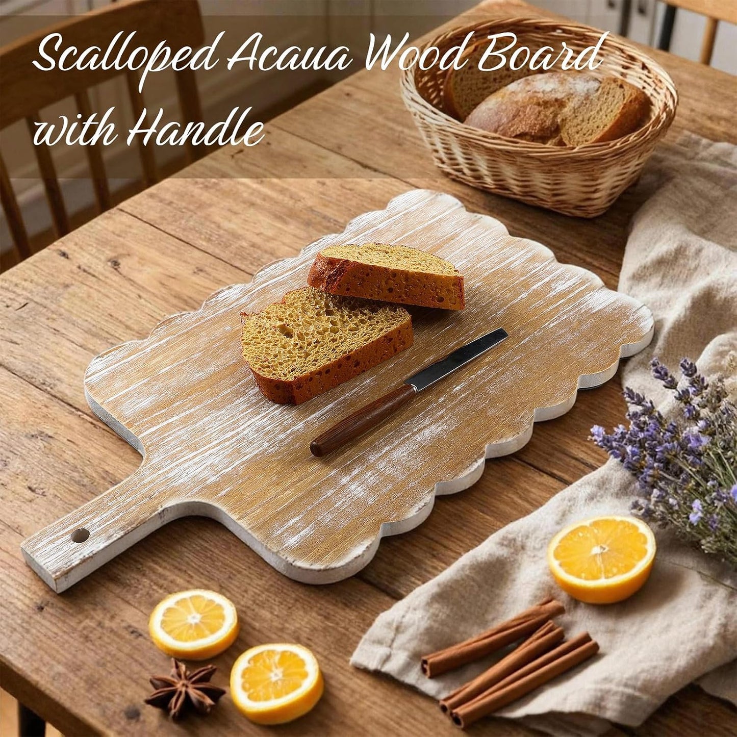 Large Acacia Wood Scallop Cutting Board Wooden Dinner Plate Scalloped Wood Tray Decorative / 18 x 10