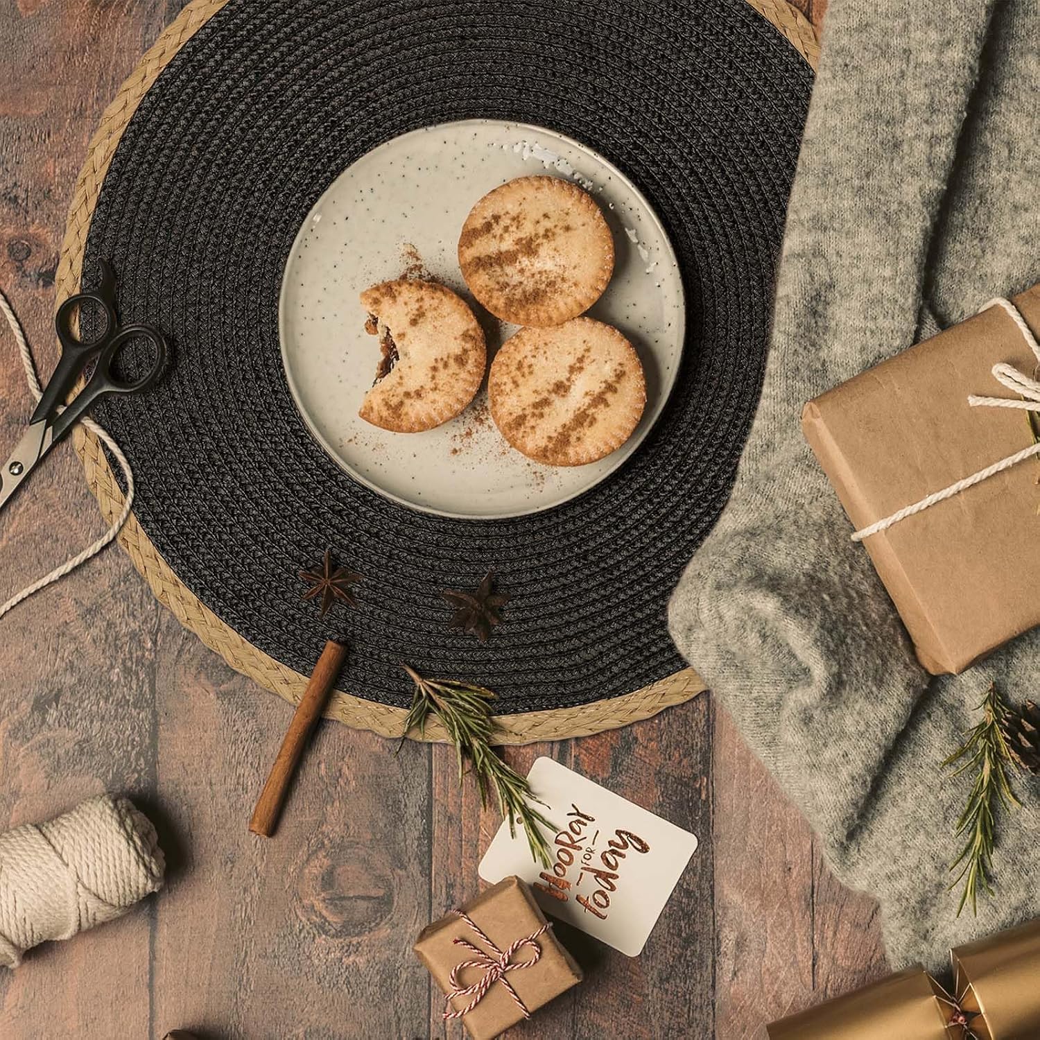 Round Placemats Set of 8, Woven Table Mats, Thin Edge, Black | Braided Paper Edge, 15 Inch Diameter, Fits Dinner Plate