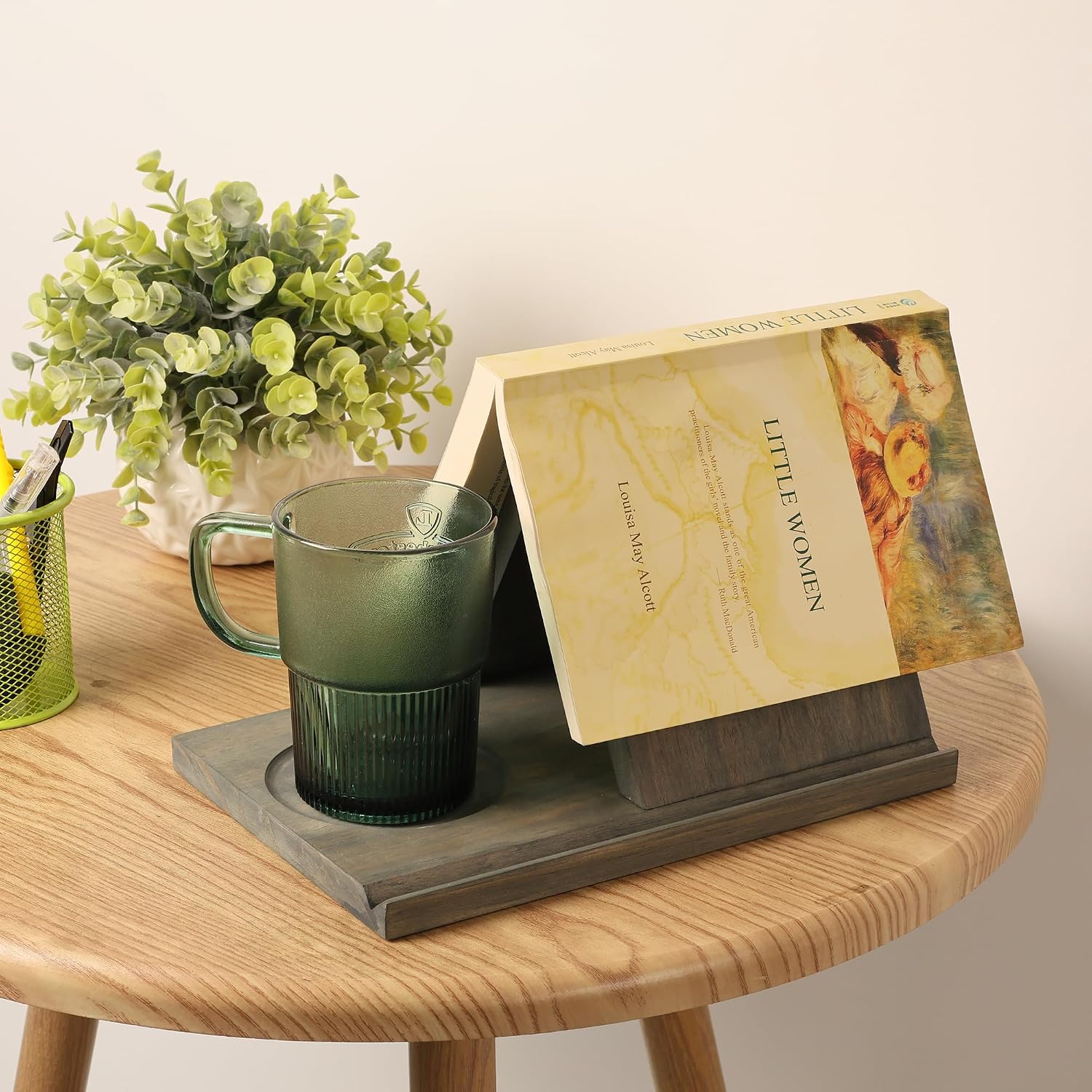 LITIVY Wooden Book Holder with Drink Holder, Wooden Triangle Bookmark Reading Rest with Slotted, Book Display Bookmark