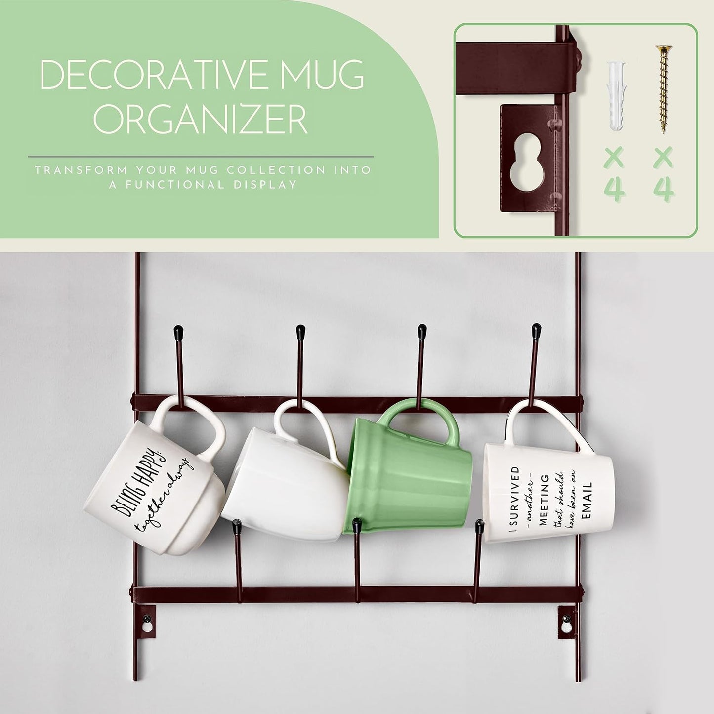 Sorbus Wall Mug Rack, Coffee Mug Display for Coffee Station (Small, Brown) | Rustic six-tier metal holder with hooks