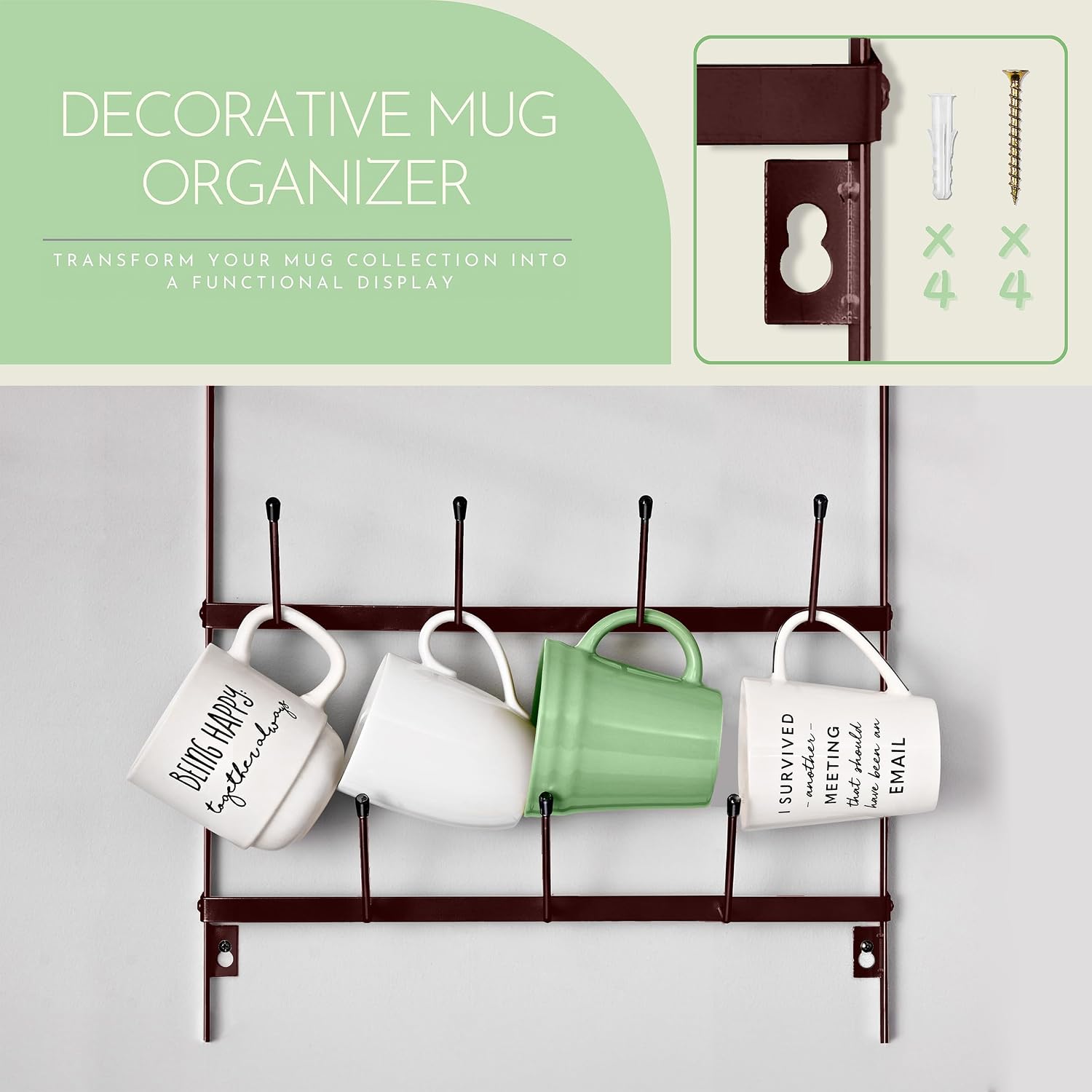 Sorbus Wall Mug Rack, Coffee Mug Display for Coffee Station (Small, Brown) | Rustic six-tier metal holder with hooks