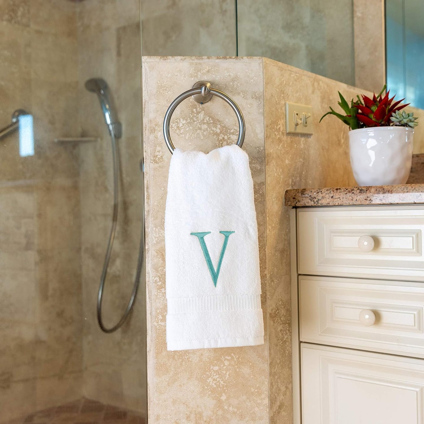 White with Teal Monogrammed Hand Towels for Bathroom - Set of 2 Letter V | Luxury Hotel Quality Initial Towels For
