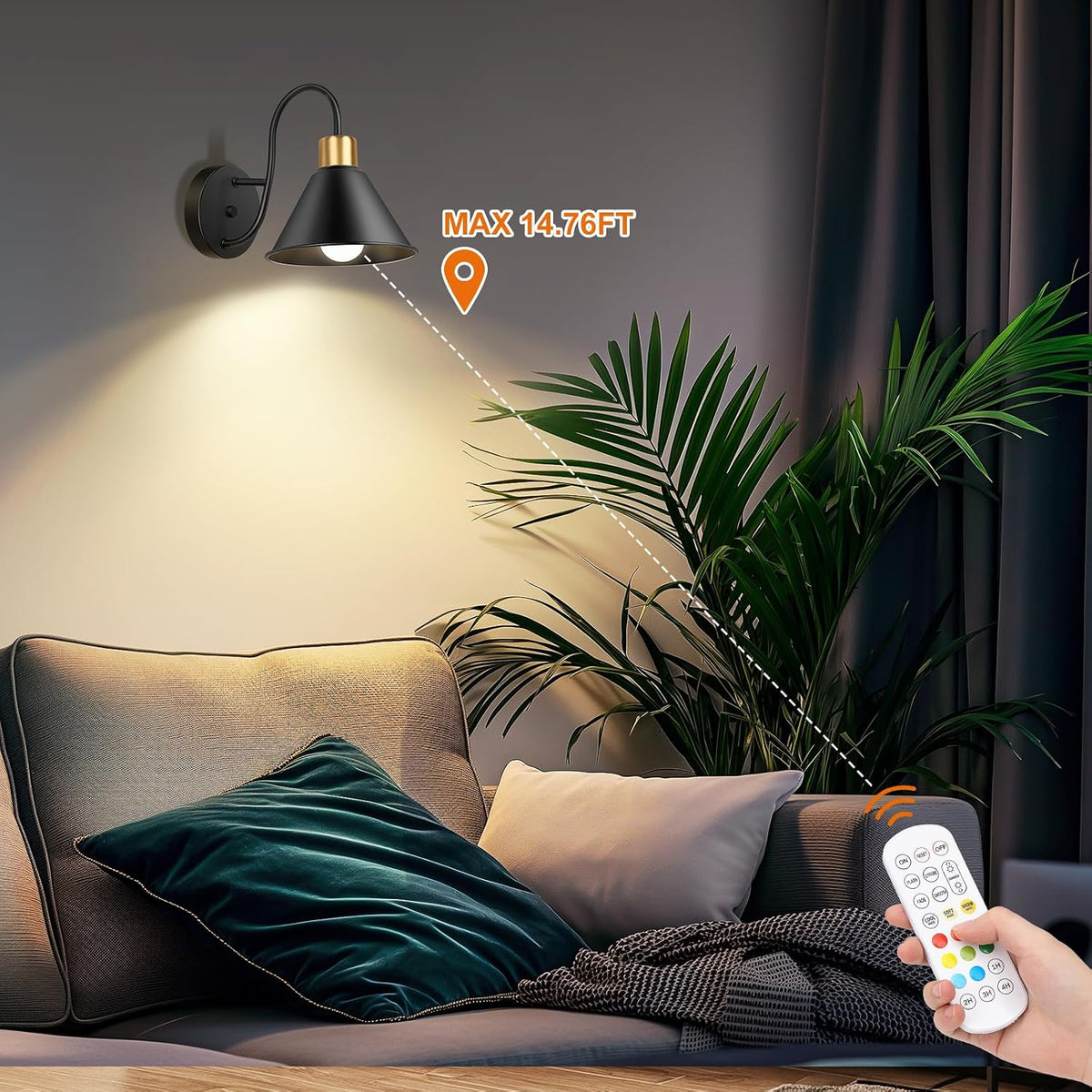 Frideko Rechargeable Battery Operated Wall Sconces Set of Two with Remote, RGB 15 Colors Dimmable Black Wall Light