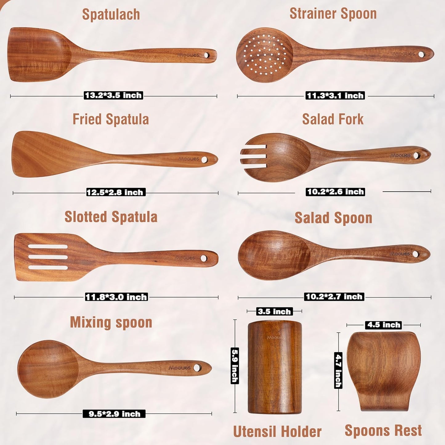 Mooues Wooden Kitchen Utensil Set, 9 Piece Natural Teak with Spoon Rest | Wooden Cooking Utensils with Comfort Grip