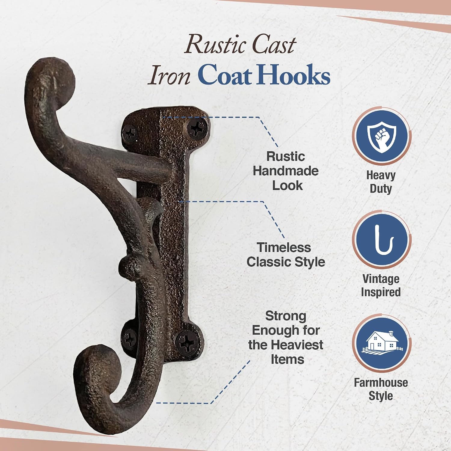 Rustic Cast Iron Coat Hooks Rustic Dark Brown / Large Ornate / Rustic Antique Brown / Set of 3
