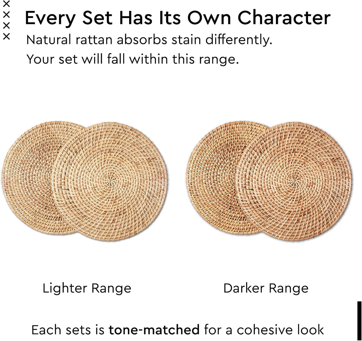 Encasa XO Rattan Placemats, Woven Wicker Table Mats 12" Natural | Handcrafted Natural Cane | Boho Farmhouse Plate