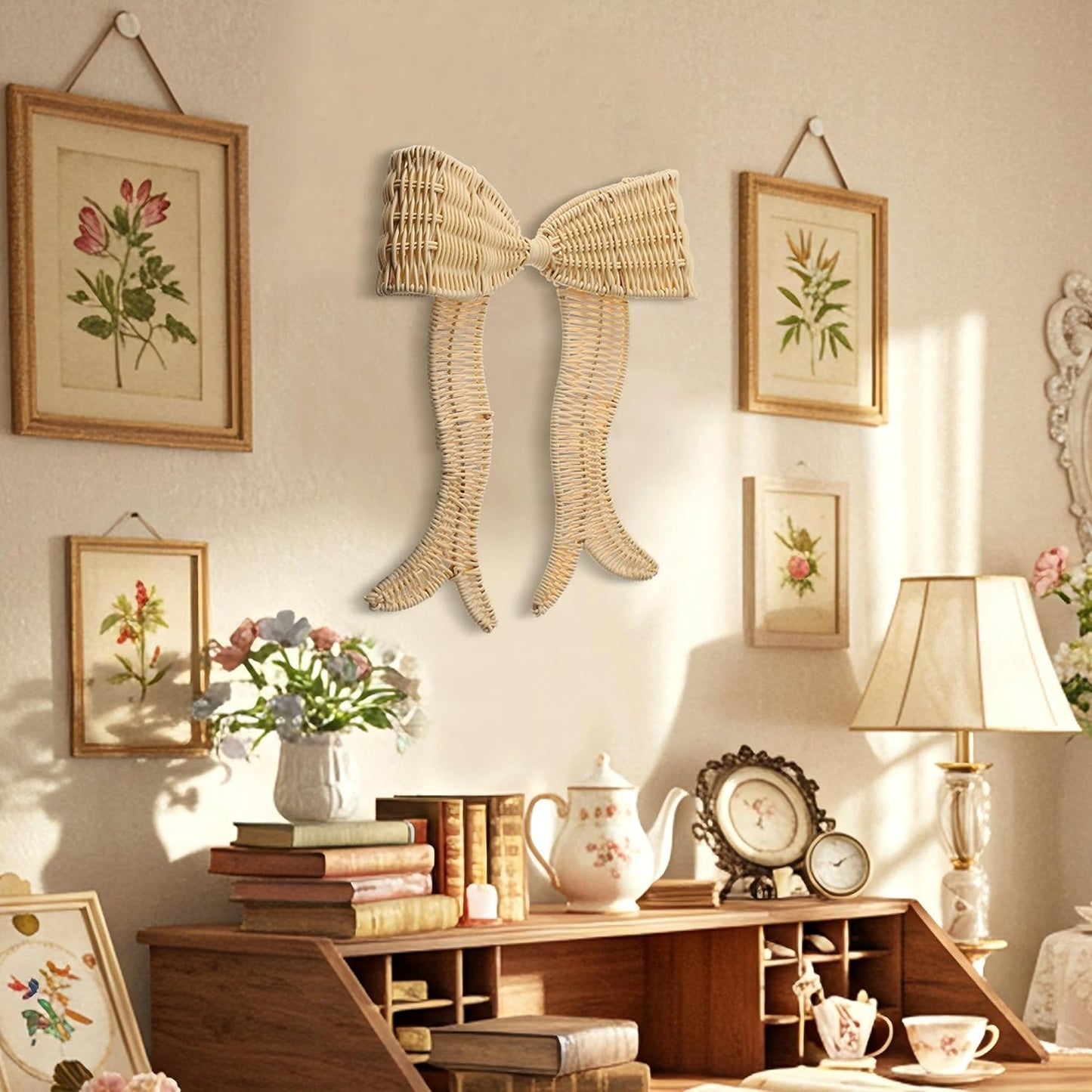 Rattan Bow Wall Decoration Boho Bow Wall Decor Woven Natural Hanging Woven Decor for Nursery / Beige