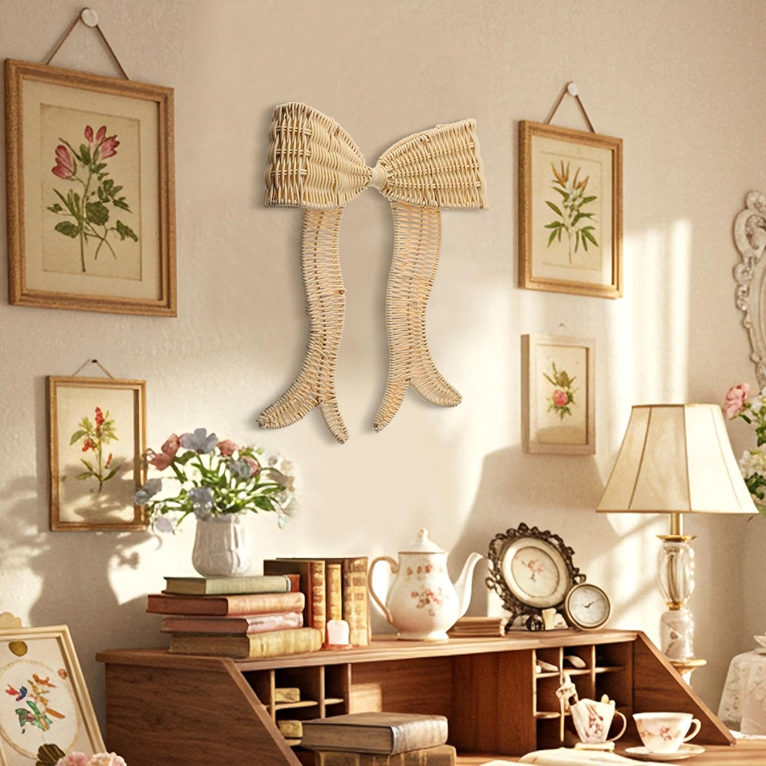 Rattan Bow Wall Decoration Boho Bow Wall Decor Woven Natural Hanging Woven Decor for Nursery / Beige
