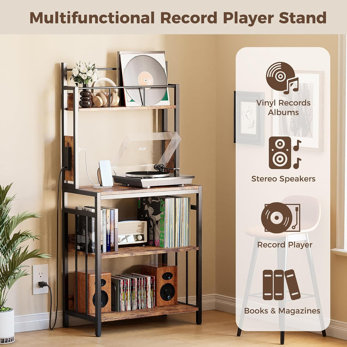 IRONCK Record Player Stand with Storage, Turntable Stand for Living Room | 2-Tier Vinyl Record Shelf with Charge