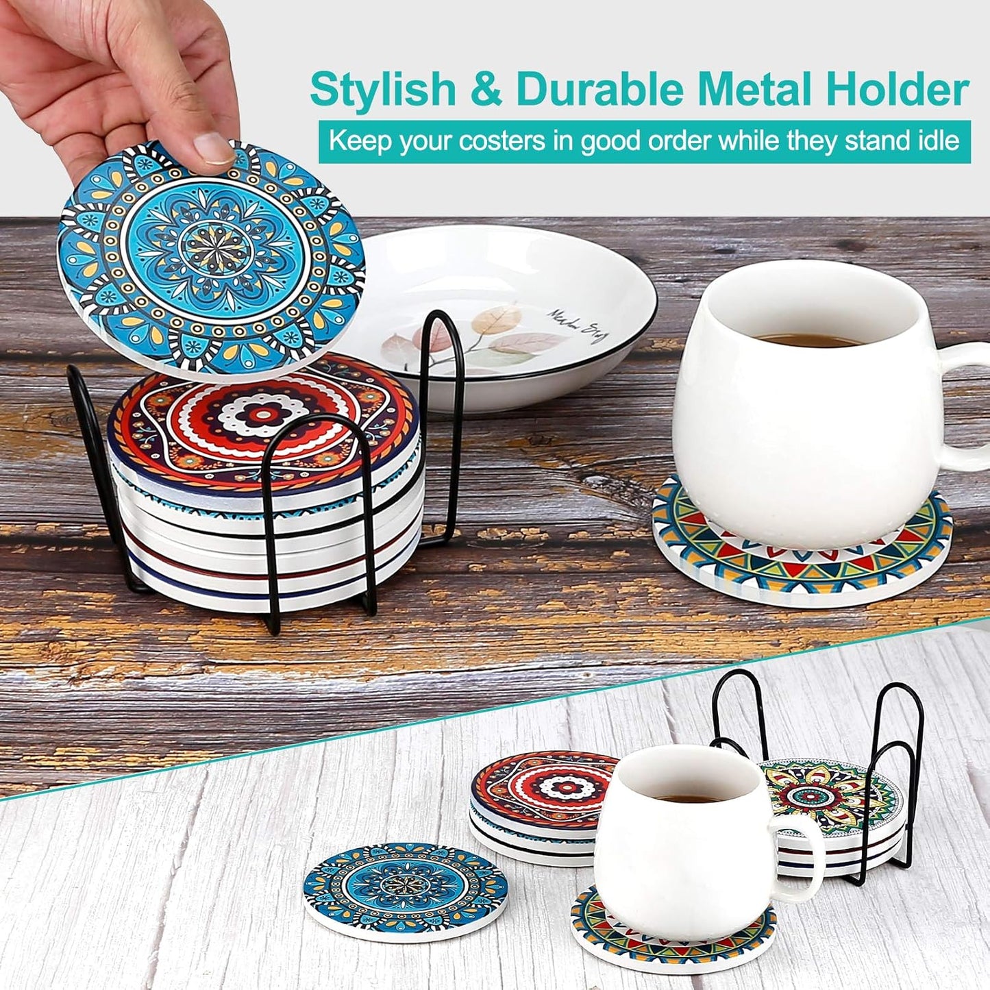 Absorbent Stone Coasters for Wooden Table / Mandala / Set of 8