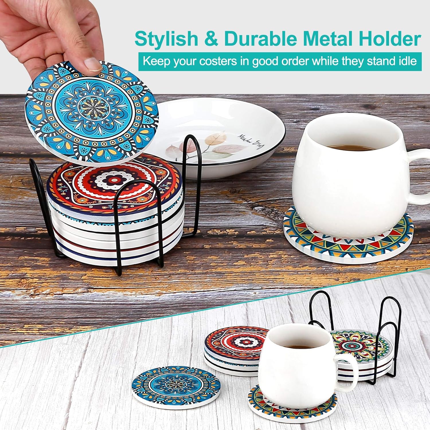 Absorbent Stone Coasters for Wooden Table / Mandala / Set of 8