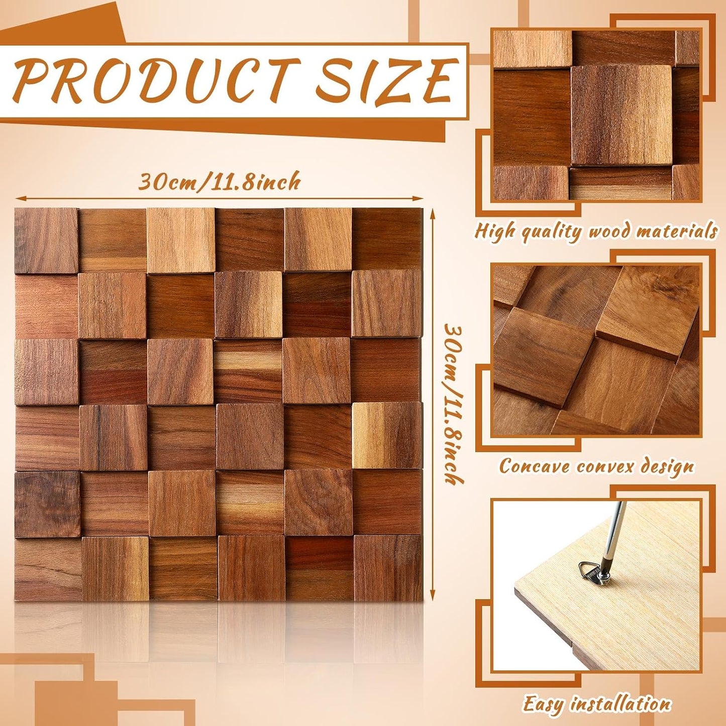 3D Wood Wall Art 11.8'' x 11.8'' Rugged Mosaic Wood Wall Decor Rustic Block Wooden Wall / Set of 3