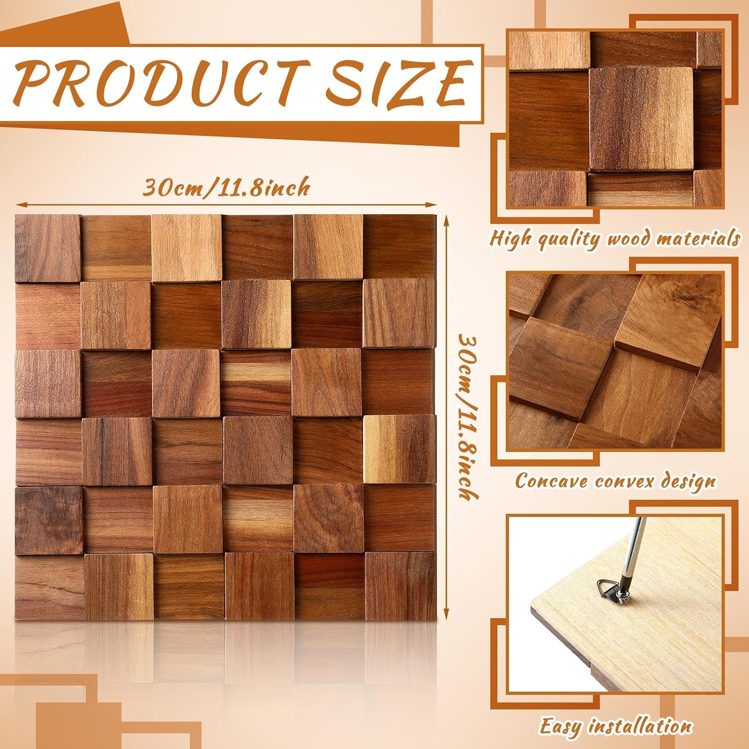 3D Wood Wall Art 11.8'' x 11.8'' Rugged Mosaic Wood Wall Decor Rustic Block Wooden Wall / Set of 3