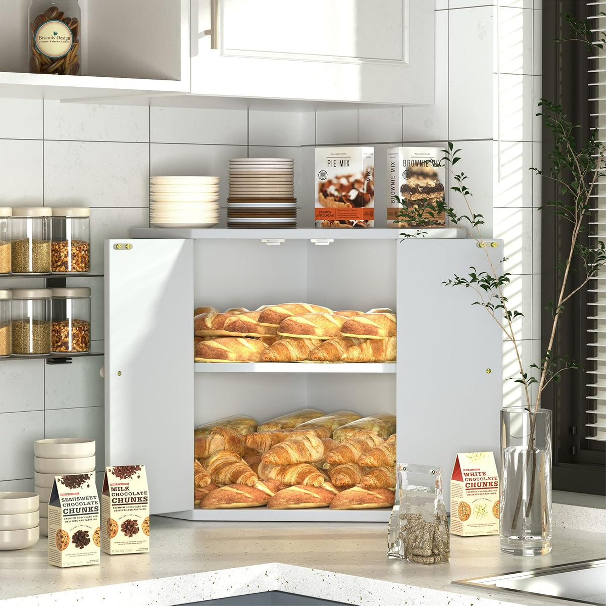 Corner Bread Box for Kitchen Countertop,Storage Container for Homemade Bread, Double Layer BreadBox, Large Capacity