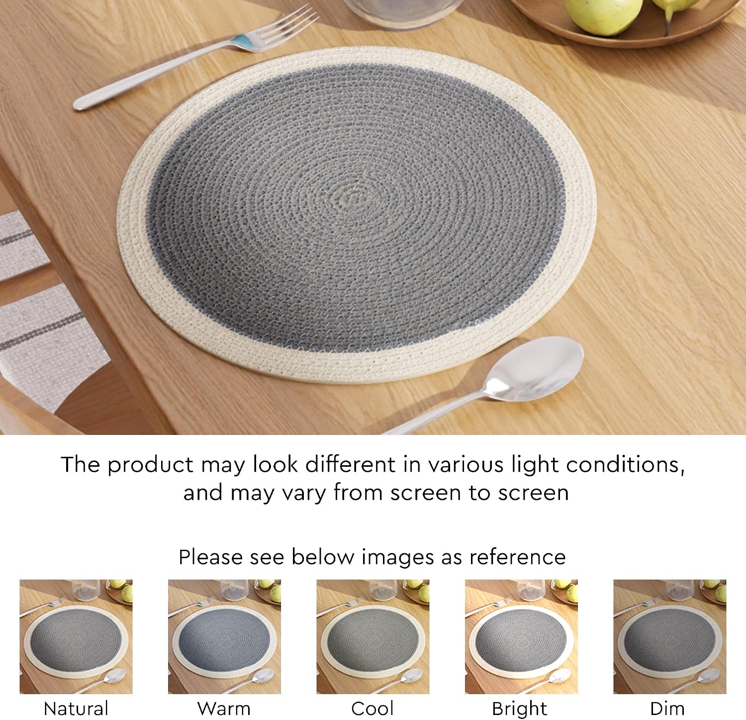 Encasa XO Dining Placemats, Cotton Round Table Mats 13" Light Grey & Off White