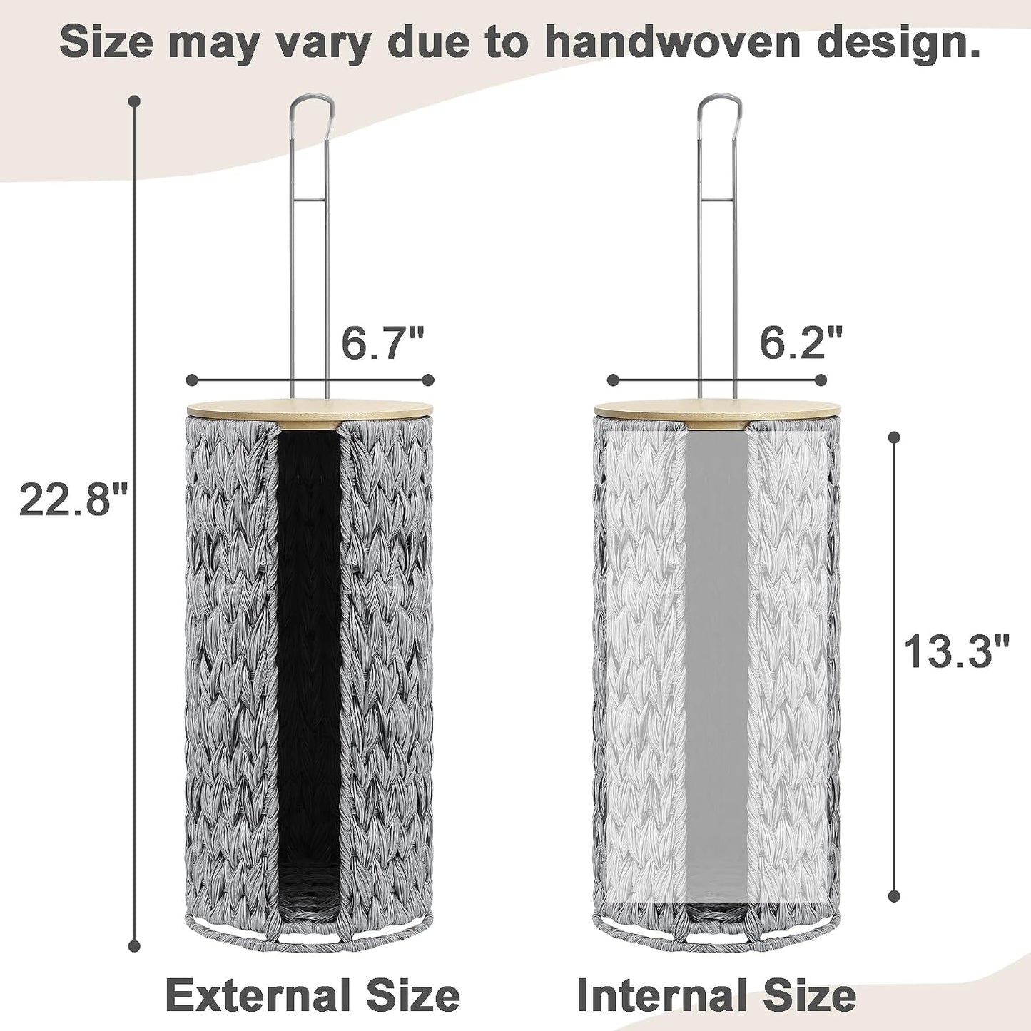 Toilet Paper Holder Stand with Lid Free Standing Storage for Bathroom Grey | Wciker, Water Hyacinth, 3 Rolls of Toilet
