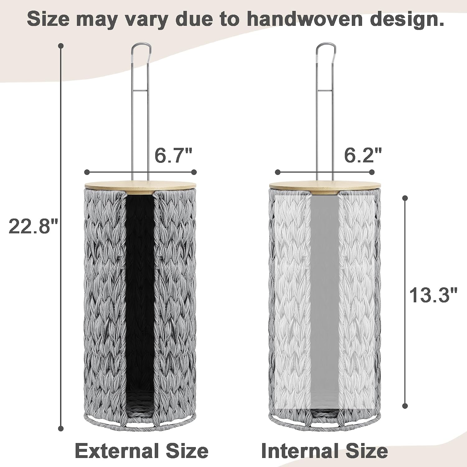 Toilet Paper Holder Stand with Lid Free Standing Storage for Bathroom Grey | Wciker, Water Hyacinth, 3 Rolls of Toilet