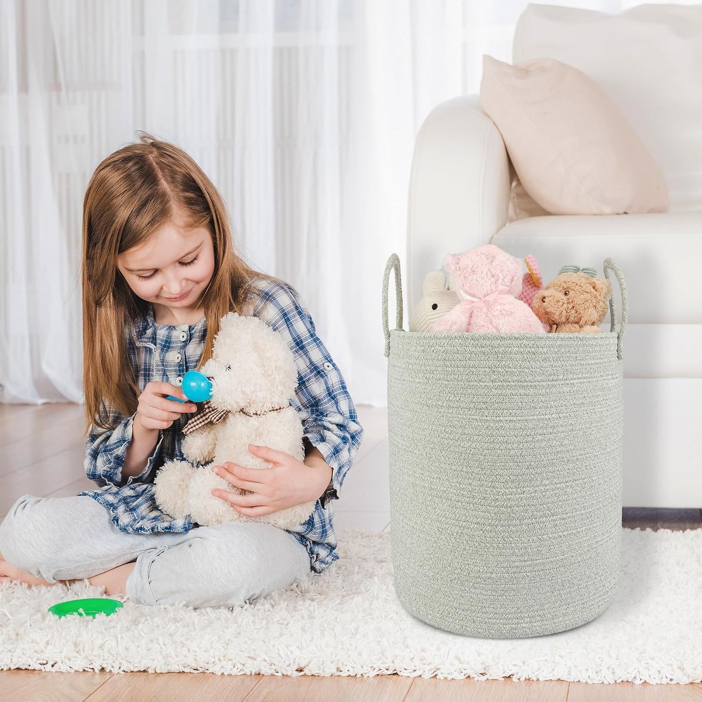 Cotton Rope Laundry Basket Hamper for Clothes Woven Storage Basket / Green / Regular