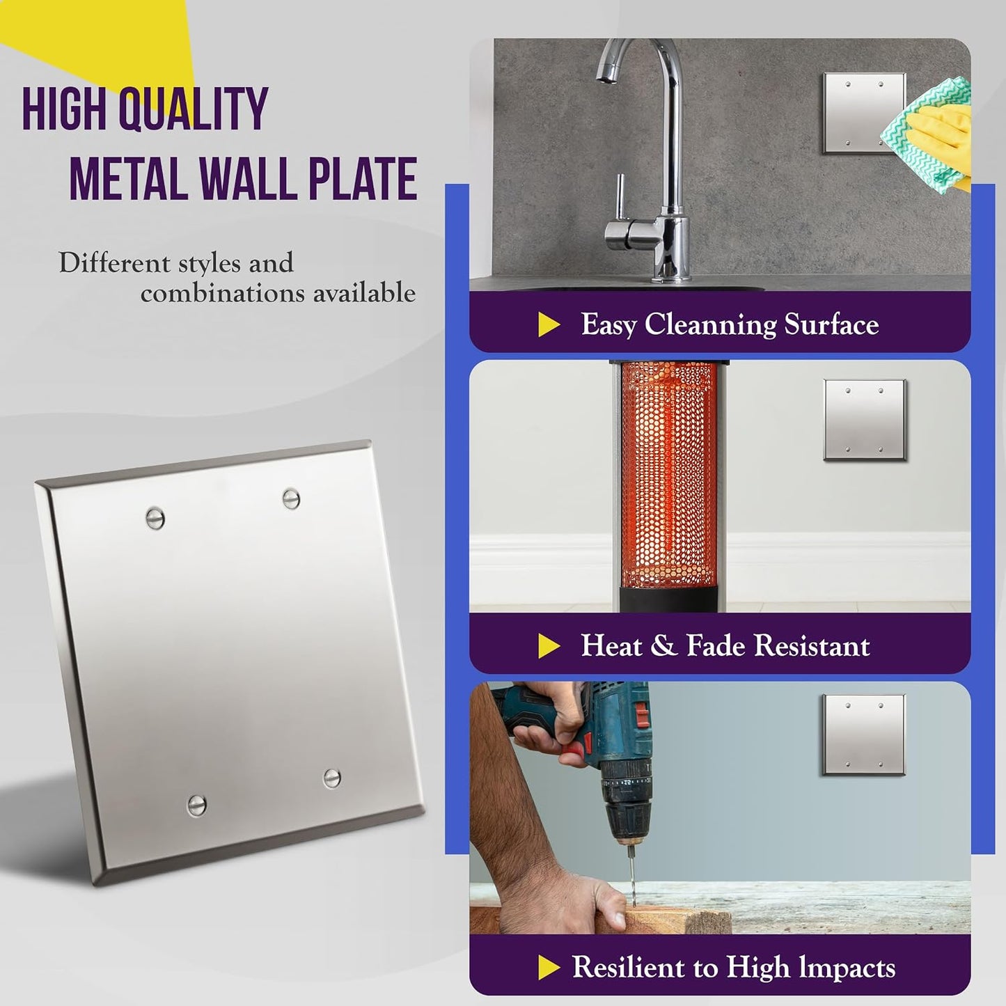 ENERLITES Blank Device Metal Wall Plate, Stainless Steel 201, Corrosion Resistant, Size 2-Gang 4.50" x 4.57"