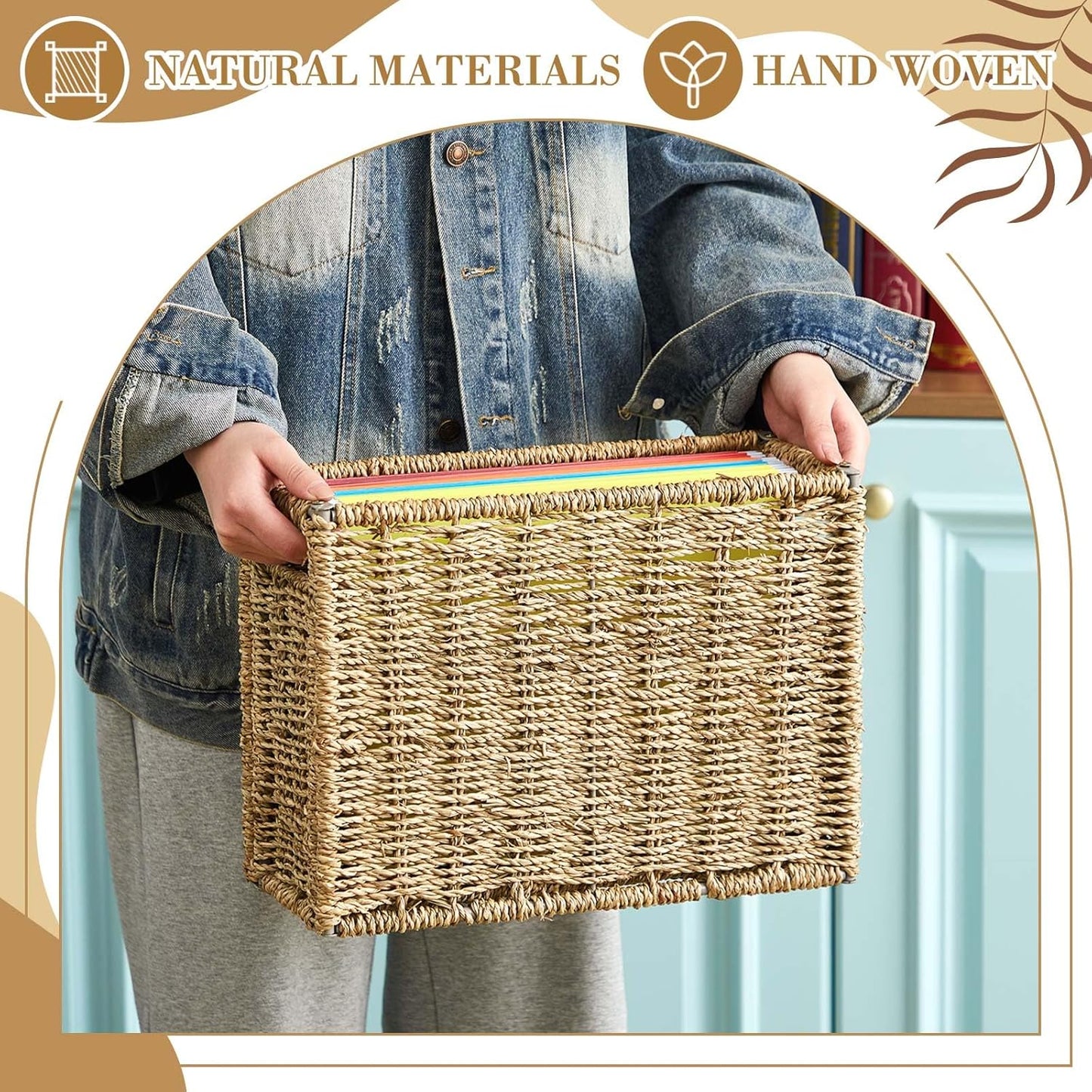 Hanging File Box Decorative File Basket Woven Document Organizer / Seagrass / 14.5 x 6 x 10.8