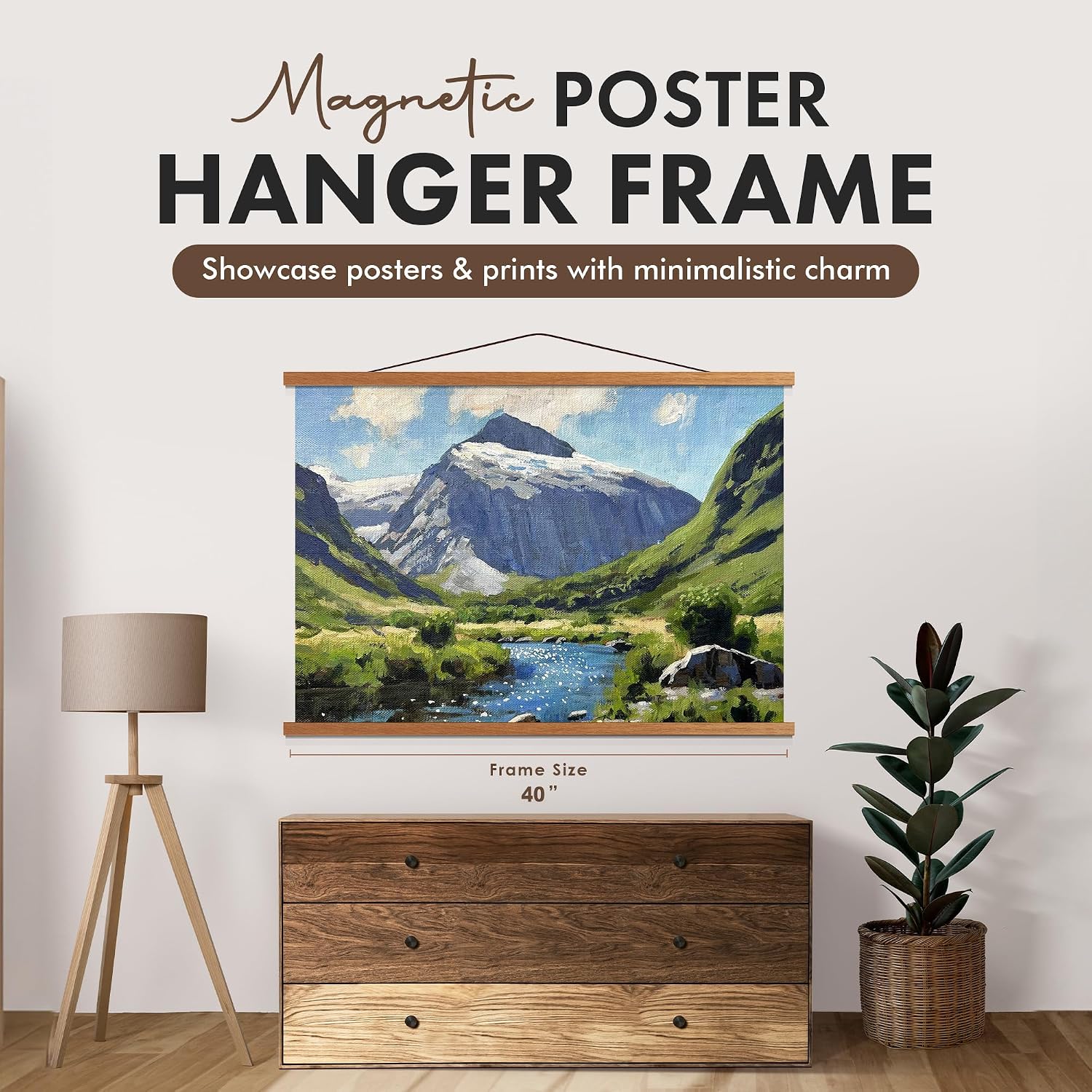 Magnetic Poster Hanger 40” Poster Frame with Strong Magnets, Complete Hanging Kit for Posters, Art, Maps, and More