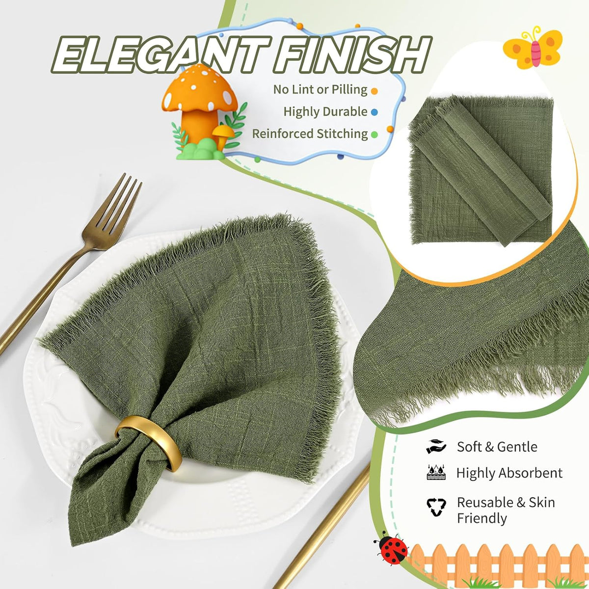 Showgeous 60 Pack Olive Green Cloth Napkins with Fringe, 16x16 inch | 100% Cotton Green Napkins Handmade Dinner Napkins