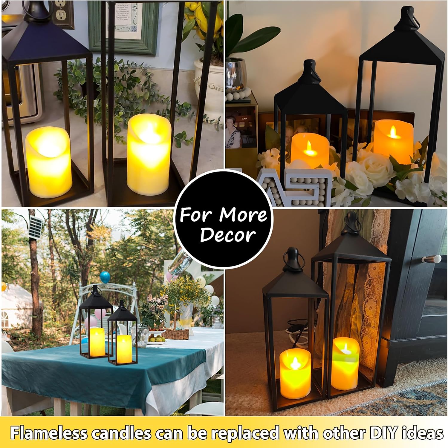Modern Farmhouse Lantern Decor, 2Pcs Metal Candle Lanterns with Flameless Candles Black Decorative Lantern for Front