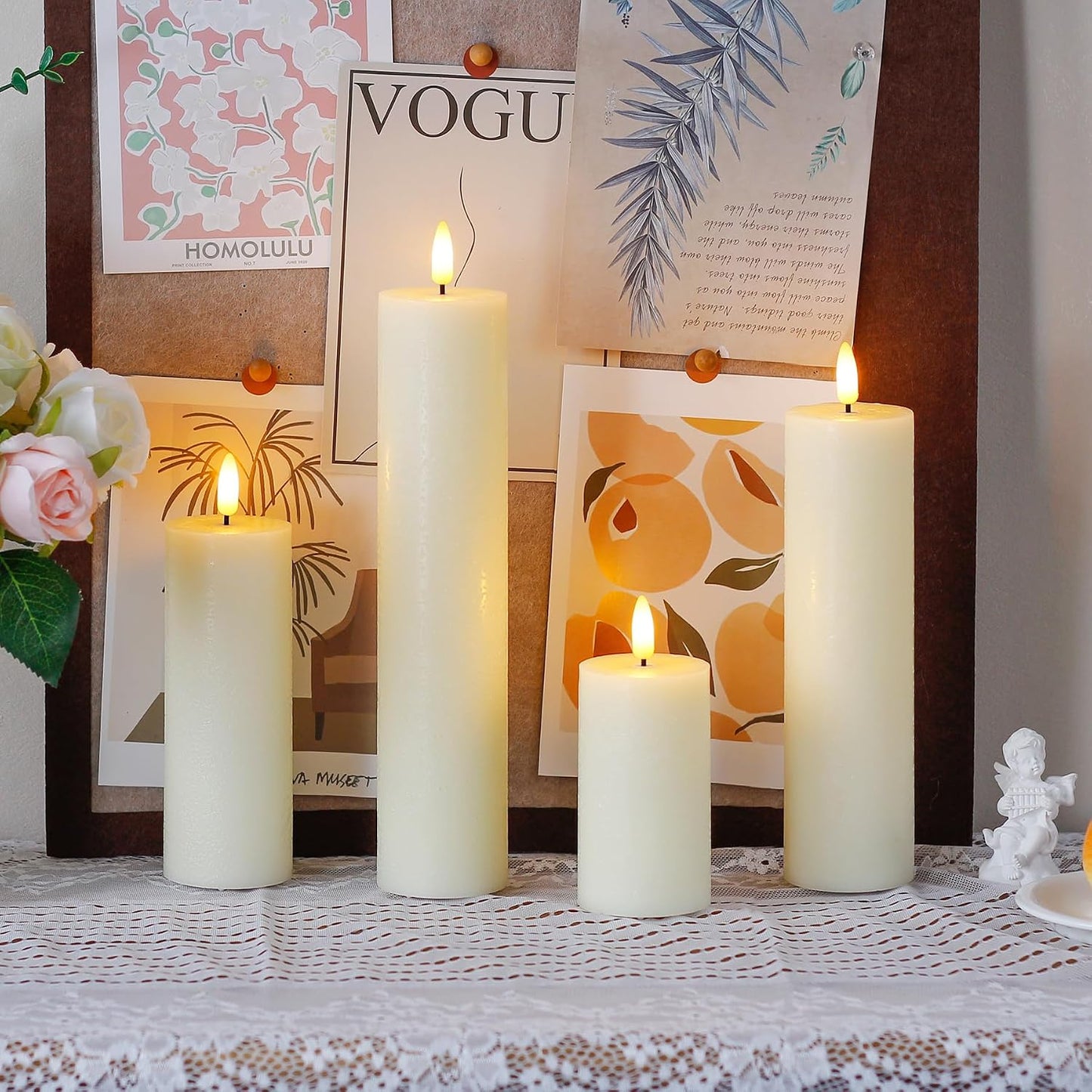 Flickering Flameless Pillar Candles with Remote Control and Cycle Timer,Ivory Pack of 4 Battery Operated(Powered by