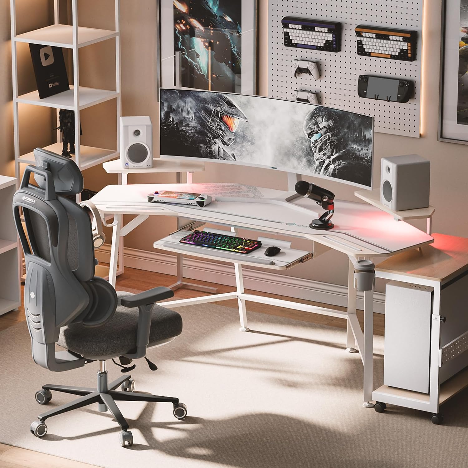 EUREKA ERGONOMIC Gaming Desk Wing Shaped Keyboard Tray 72 Inch Maple | LED monitor stand with dual headphone hooks and
