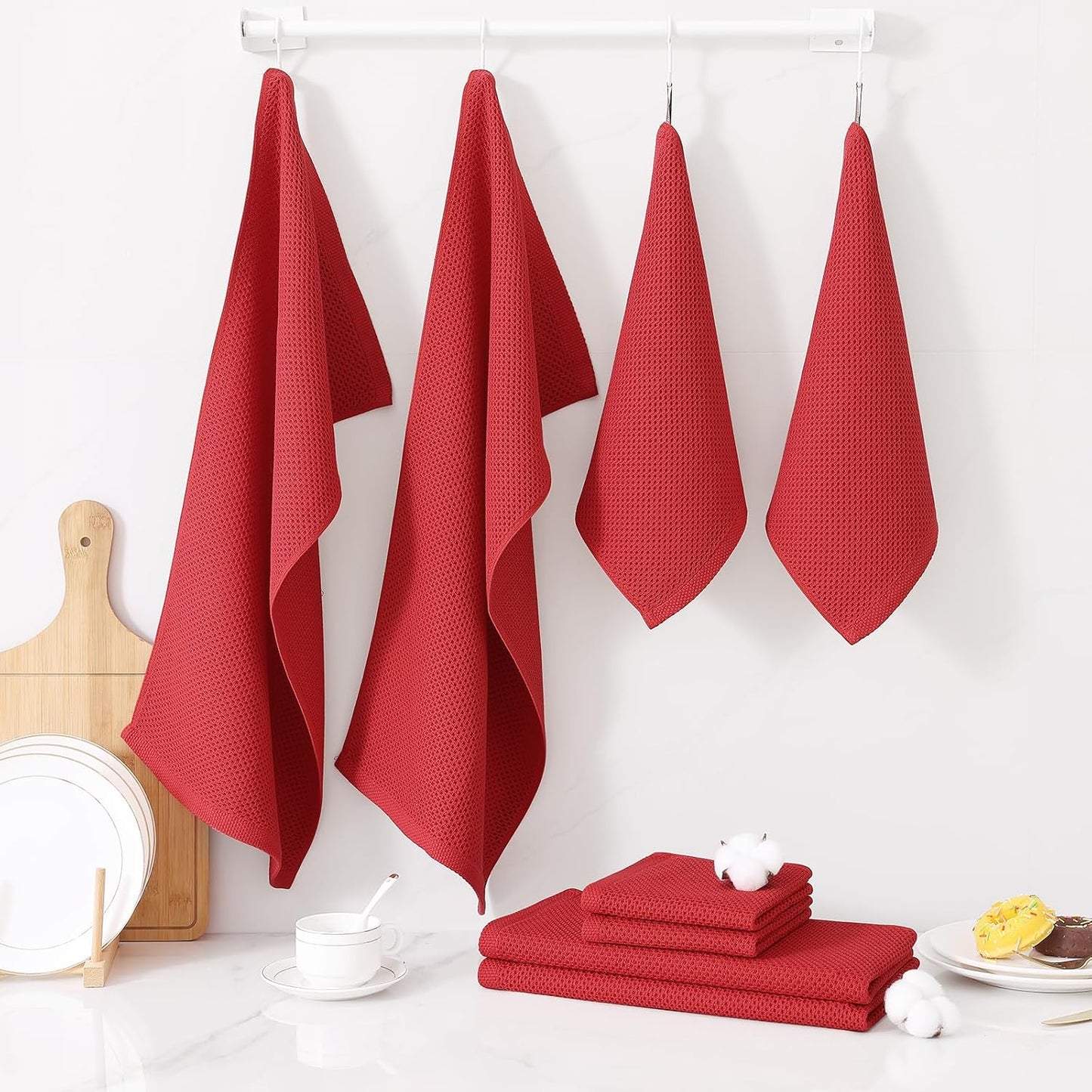 Homaxy 16 Pack 100% Cotton Kitchen Towels and Dishcloths Set, Red | 12 x 12 Inches and 13 x 28 Inches Kitchen Towels