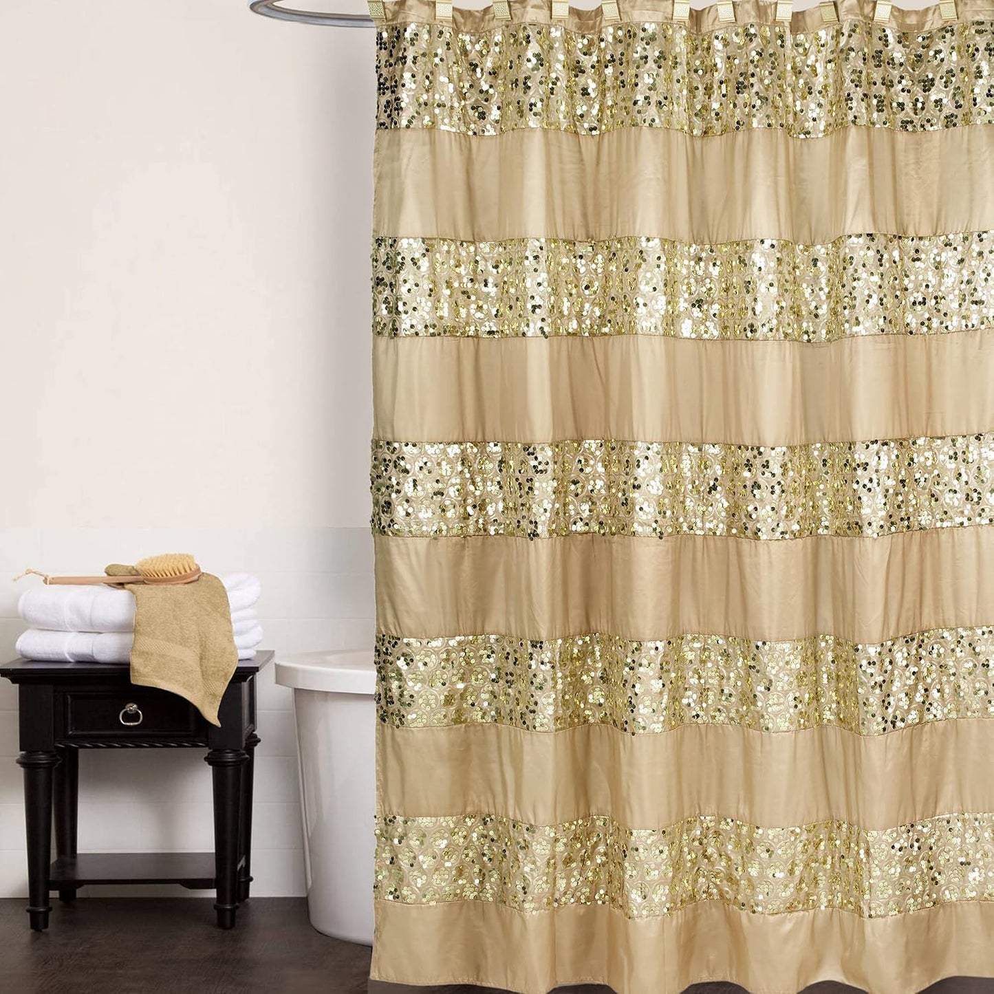 Zahari Home 13pc Sinatra Bathroom Shower Curtain Set - Gold Curtain & 12 Champagne Hooks - Luxury Fabric Bling Unique