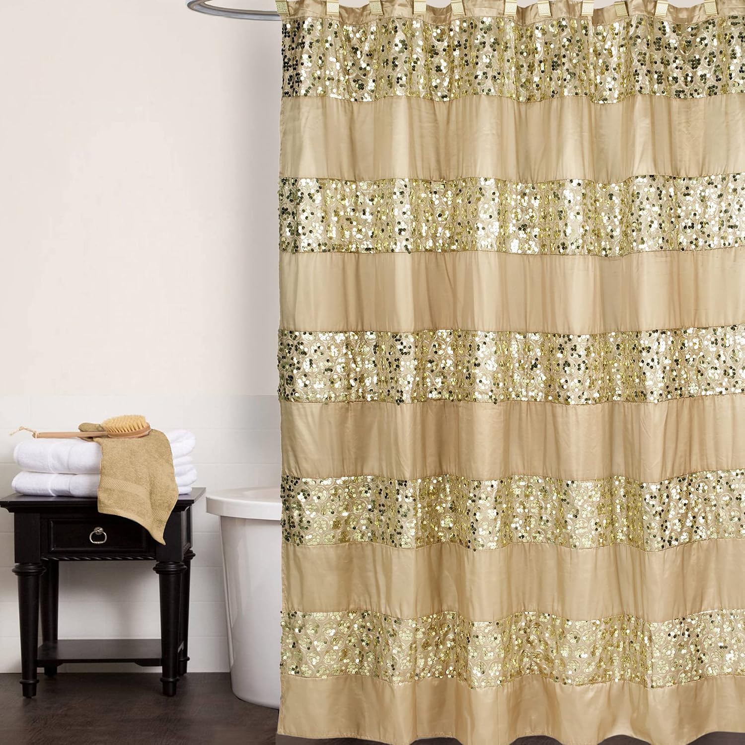 Zahari Home 13pc Sinatra Bathroom Shower Curtain Set - Gold Curtain & 12 Champagne Hooks - Luxury Fabric Bling Unique