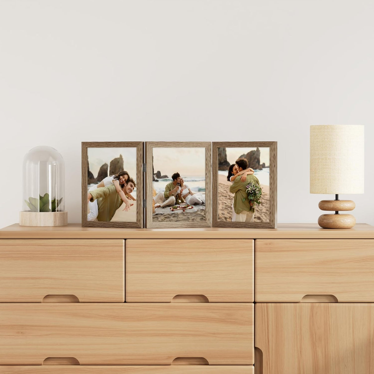 decorUhome Natural Triple 8x10 Picture Frame Vertical, MDNT08 | "Z" Shape Folding Design Engineered Wood Trifold Photo