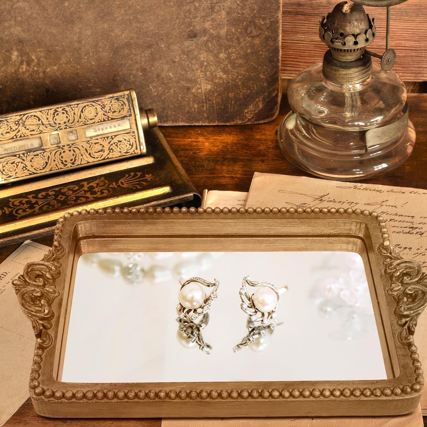 Vintage Tray / Card Holder for Guests During Occasions and Events / Gold
