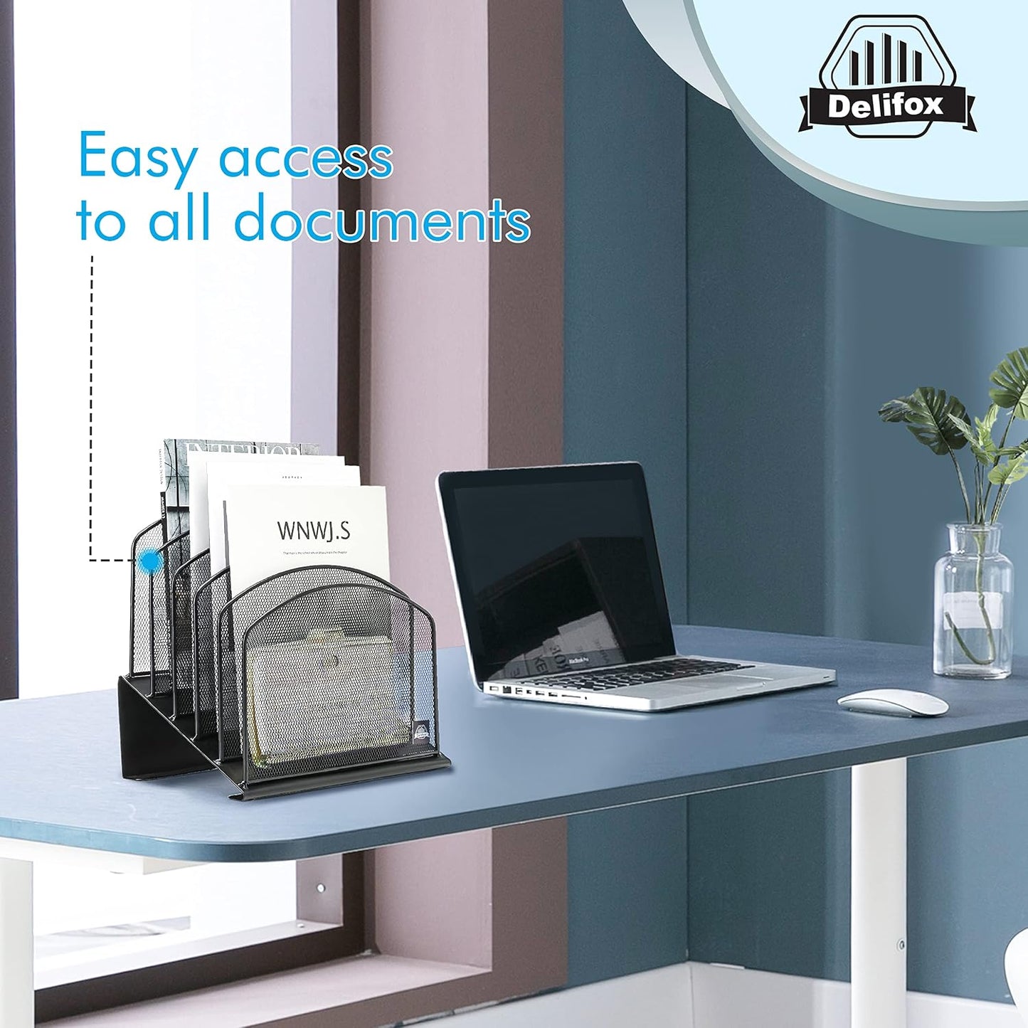 Delifox 2 Pack Inclined Desk File Organizer, 5 Slot Desktop File Folder Holder Document Holder Sorter Organization and