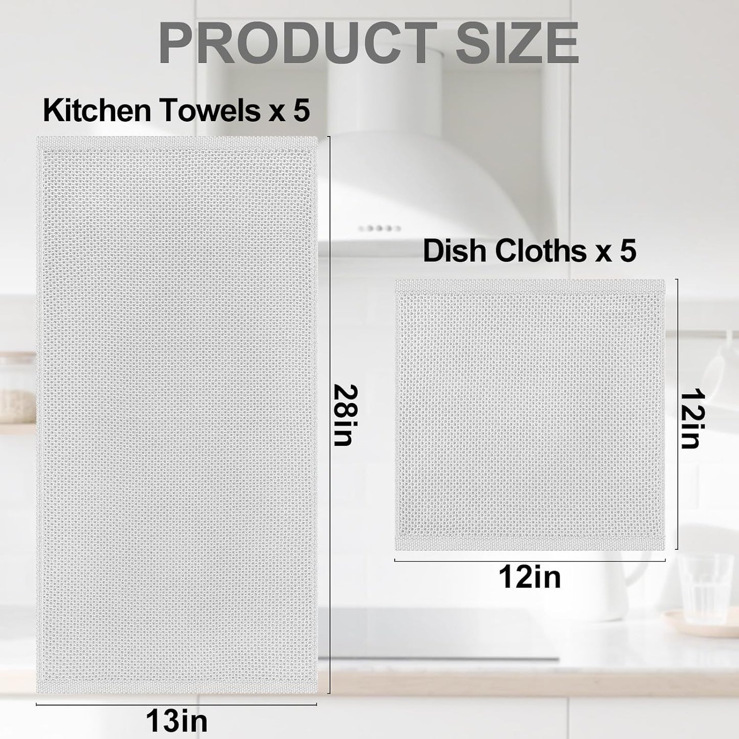 Homaxy 10 Pack 100% Cotton Kitchen Towels and Dishcloths Set, Light Gray | 12 x 12 Inches and 13 x 28 Inches Kitchen
