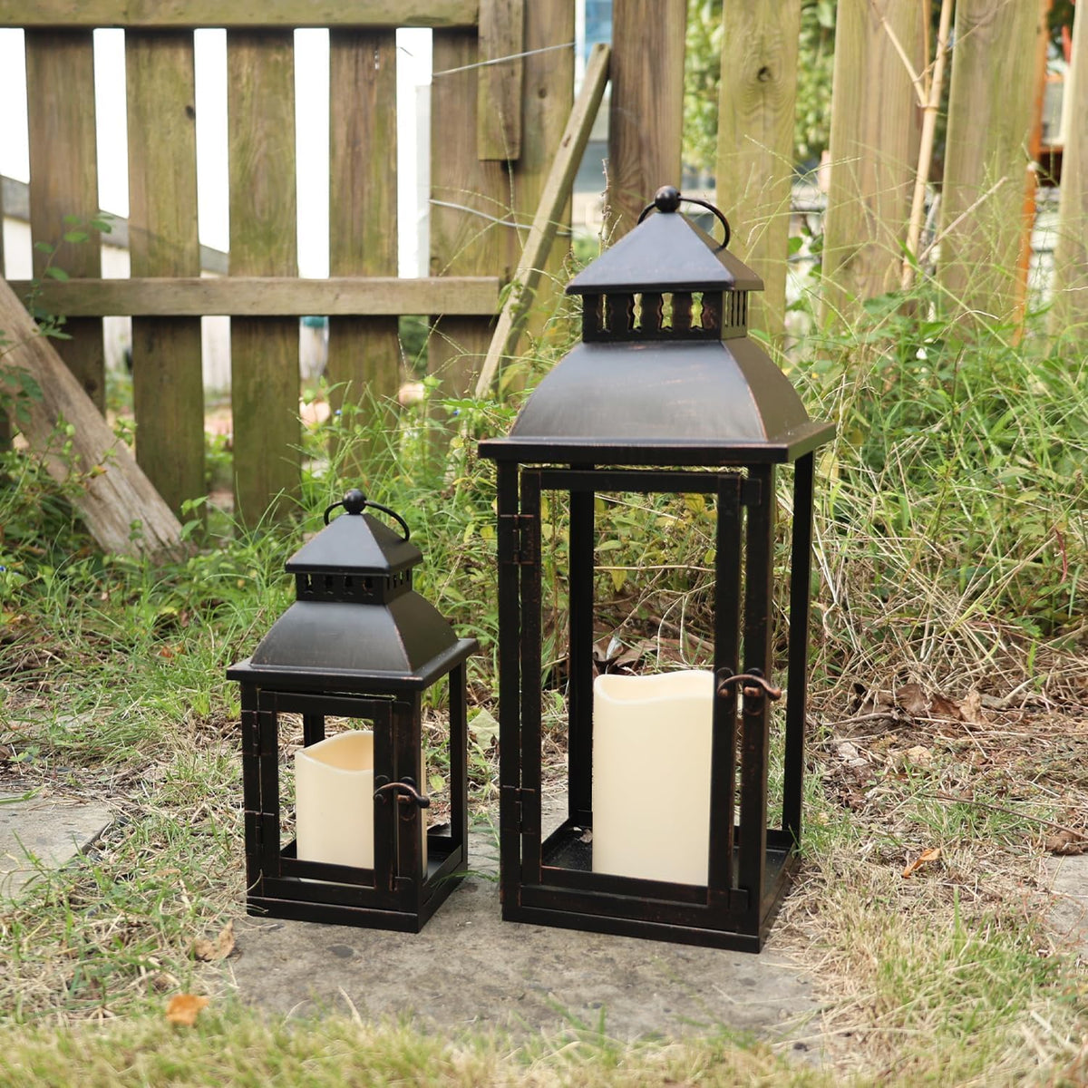 LED Lanterns Decorative Outdoor&Indoor, Set of 2 (17’’&11’’) Large Black Metal Lantern Decor with bronze brush, Candle