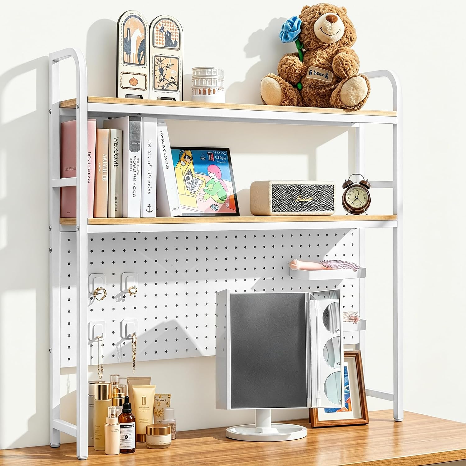 deli Desktop Shelf, Desk Hutch with Metal Pegboard, White | 2-Tier Desktop Display Rack With 4 Accessories