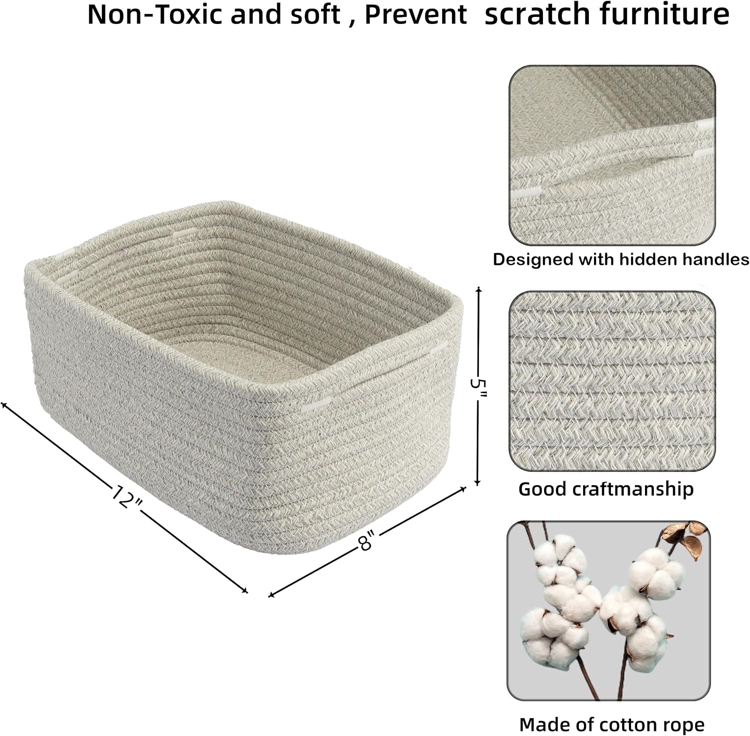Small Woven Storage Baskets " Decorative Rope Bins for Organizing / Grey / Regular / 12 x 8 x 5