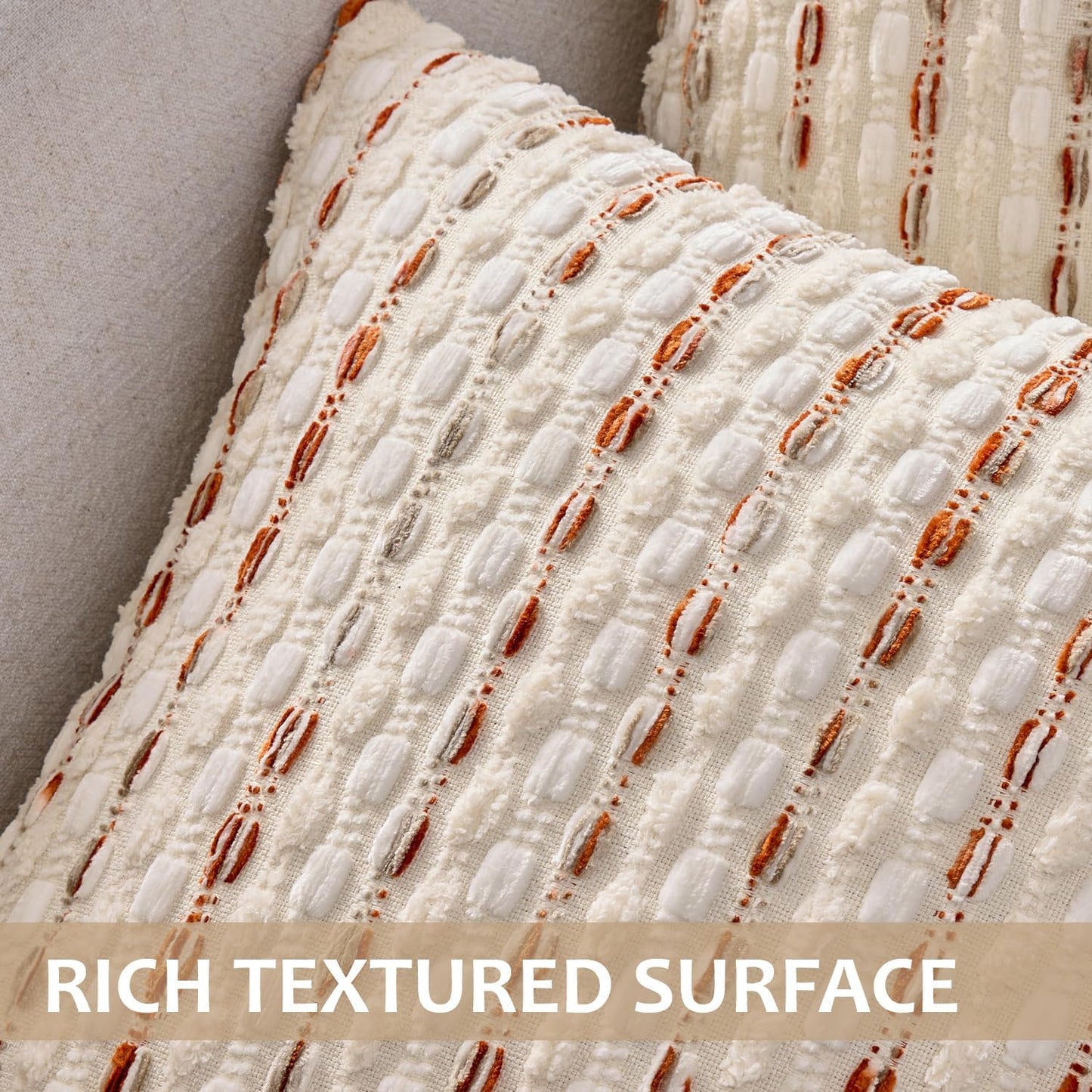 Boho Chenille Textured Tufted Pillow Covers Woven Decorative Throw / Cream Rust / 18 x 18 / Set of 2