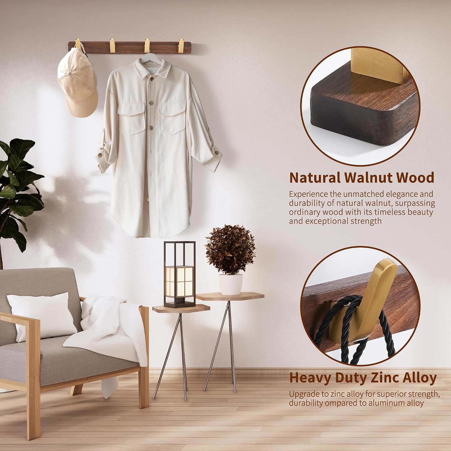 Wall Mounted Coat Rack, Metal Wood with 4 Hooks | Entryway Hanging, For Coat, Scarf, Bag, Towel, Key, Cap, Hat, Walnut