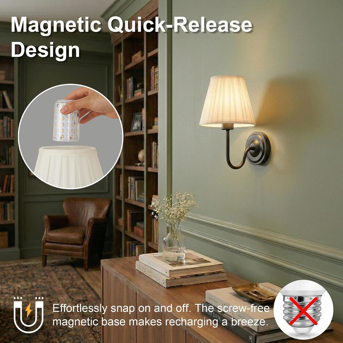 Black Wireless Wall Sconce Set of 2, Battery Operated Wall Sconce Lights with 3 CCT Color & Dimmable Magnetic Bulb and